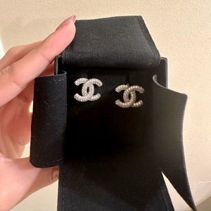 Chanel CC Crystal Silver Stud Earrings